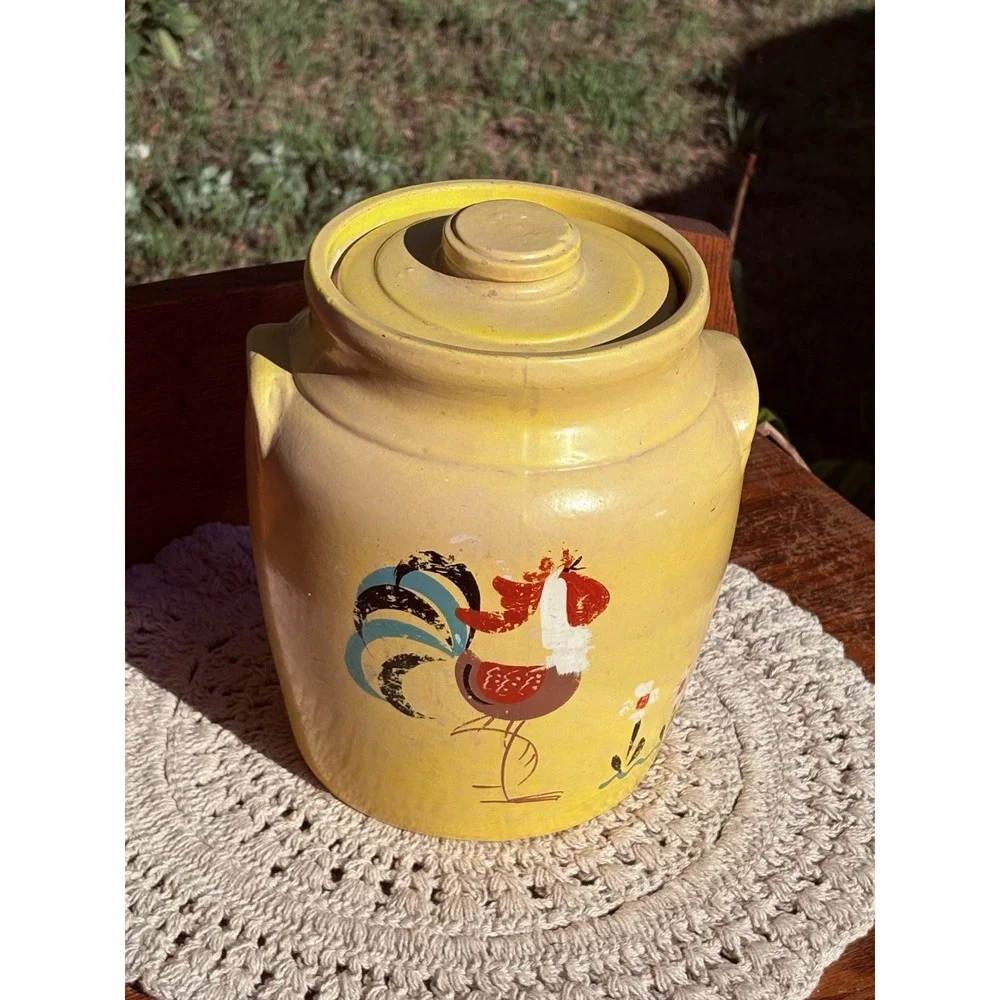 Ransburg Pottery Yellow Rooster Cookie Jar with Lid Hand Painted Crock Farm 9.5